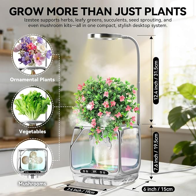 Smart Aeroponics Growing System, Desktop Hydroponic Planter Indoor with Full-Spectrum Grow Light, Humidifier, Heating Function & RGB Mood Lighting, Visual Root Observation for Herbs,Indoor Plants
