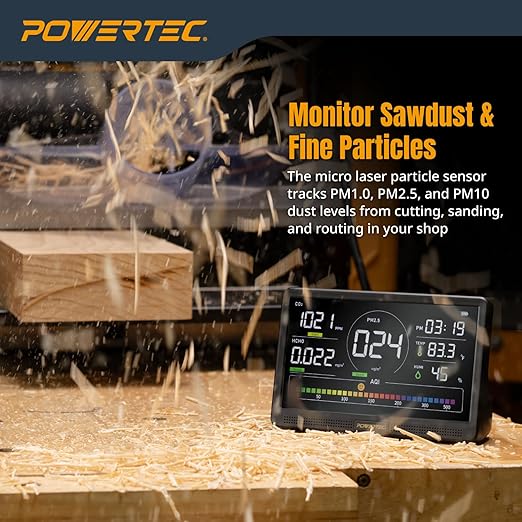 POWERTEC AD1001 Air Quality Monitor with 7” LCD Display – Multi-Sensor CO₂, PM2.5, PM10, HCHO, TVOC Detector, NDIR Sensors, Rechargeable Indoor/Workshop Air Monitor