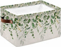 Sage Green Eucalyptus Storage Bins Cubes Waterproof Cloth Storage Basket,Farmhouse Weeping Leaves Linen Foldable Storage Bags for Shelf Clothes Storages Organizers with Handles 15x11x9.5 in 1PCS