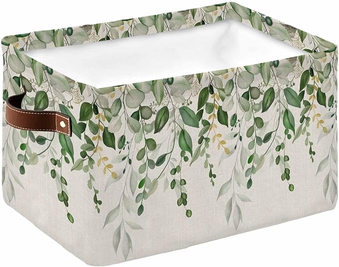 Sage Green Eucalyptus Storage Bins Cubes Waterproof Cloth Storage Basket,Farmhouse Weeping Leaves Linen Foldable Storage Bags for Shelf Clothes Storages Organizers with Handles 15x11x9.5 in 1PCS