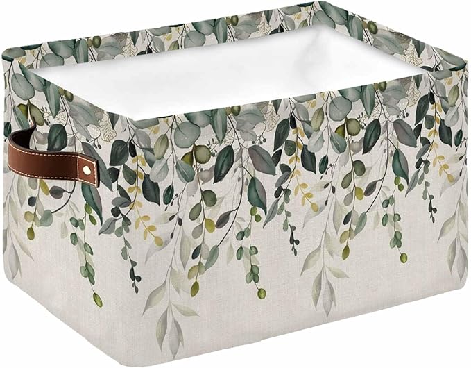 Green Eucalyptus Storage Bins Cubes Waterproof Cloth Storage Basket, Farmhouse Weeping Leaves on Linen Foldable Storage Bags for Shelf Closet Clothes Storages Organizers with Handles 15x11x9.5 in 1PCS