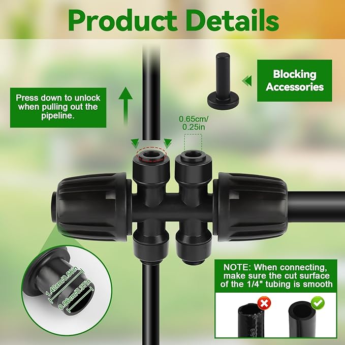 Kalolary 8PCS 1/2'' to 1/4'' Barbed Tee Quick Connector, Push-to-Fit Drip Irrigation Fittings Anti-Leak Locked Splitter Fitting for Irrigation Tubing with 6-Way Connector& 6 Plugs