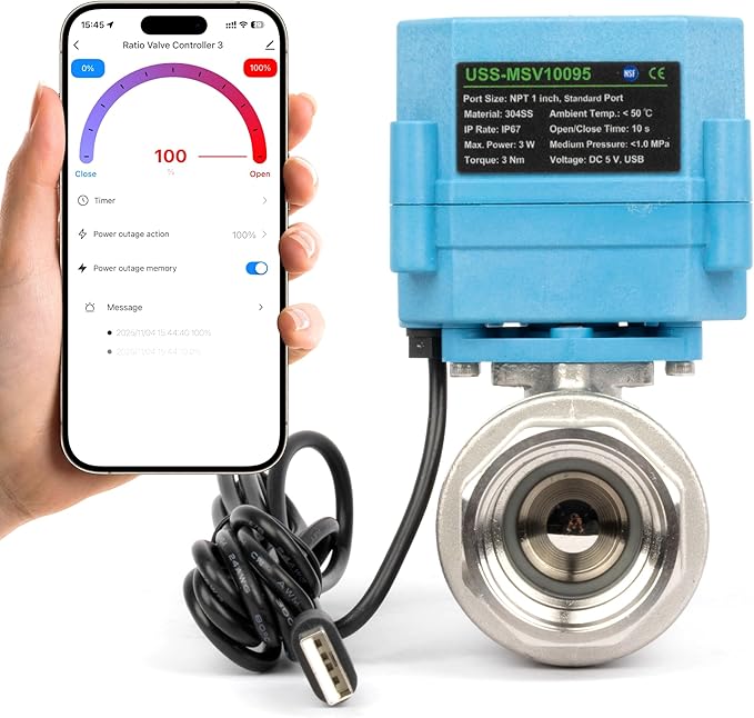 U.S. Solid WiFi Smart Motorized Ball Valve 1 inch NPT for Water Control, Irrigation, 2 Way 304SS Electric Valve, USB Powered, Status Indicator, Flow Direction, Remote On/Off Control, NSF Certified