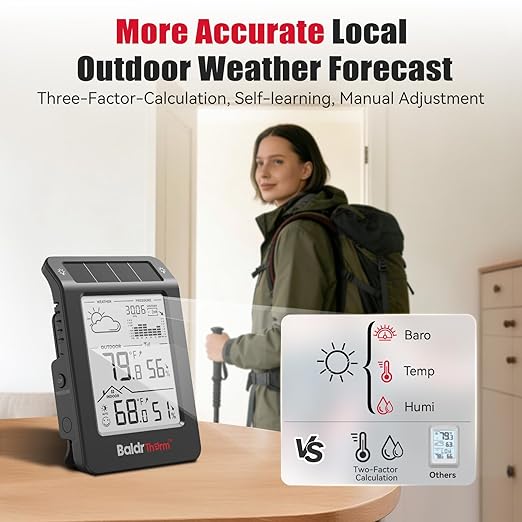 BaldrTherm Outdoor Indoor Thermometer Wireless Weather Station, Dual-Zone Childroom Temp Humidity Monitor, Auto Smart Backlight,Temp/Humidity/Barometric Trend Visualization, Black&White