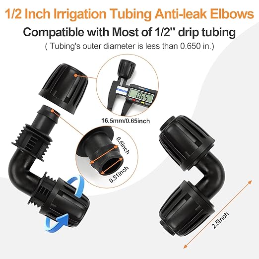 Drip Irrigation Elbow Fittings, 12 Pieces 1/2'' Dripline Locked Barbed Elbow Connectors for 1/2 Inch Irrigation Tubing (1/2" ID x 0.650" OD) 90 Degree Corner for Garden Sprinkler Systems