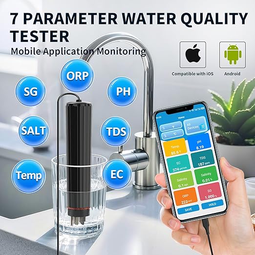 Kactoily 7-in-1 Smart Bluetooth Water Tester, Portable Digital pH/TDS/EC/ORP/Temperature/Salt/SG Meter with App Alert, Ideal for Pool/Aquarium/Hydroponics/Pond