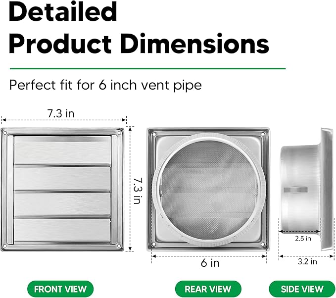 Funmit 6'' Metal Dryer Vent Cover, 7"x7" Outside Dimensions with Metal Mesh Screen, Outdoor Stainless Steel Louvered Vent Cover Includes 4 Screw for Easy Installation