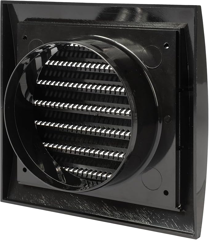 Vent Systems 4” Inch Black Plastic Exterior Vent Hood Cap – Heavy-Duty Louvered Cover with Protective Mesh Screen – HVAC Exhaust Grille for Home Office Garage Outdoor Wall Applications