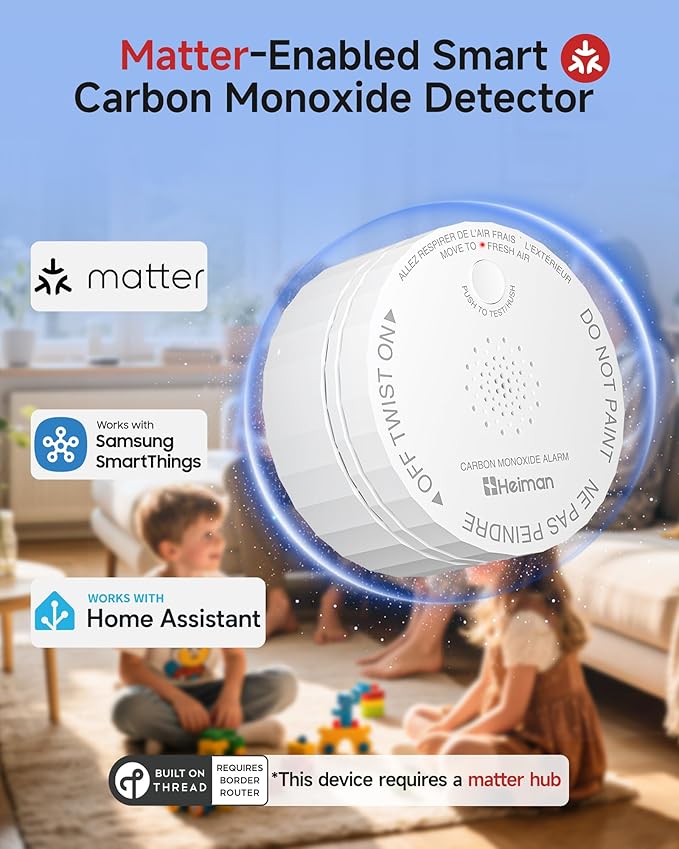 Heiman Smart Carbon Monoxide Detectors, Matter CO Detector, Real-time Notification, UL 2034 5th Certified, Wireless Battery Powered Mini Fire Alarm for Home, Compatible with Smartthings,Home Assistant