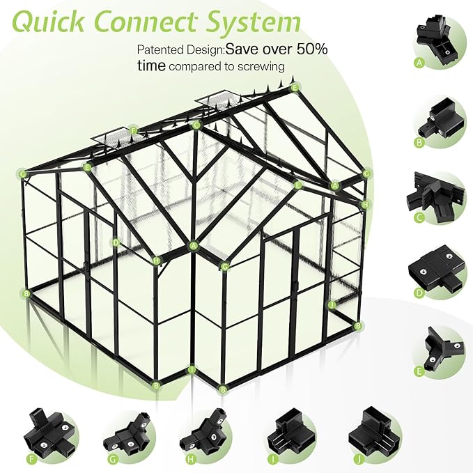 AMERLIFE 12x10x8 FT Hybrid Polycarbonate Greenhouse, Quick-Connect Aluminum Frame with Dual Roof Vents & Double Doors, Walk-in Outdoor Garden Greenhouse with Gutters, Black