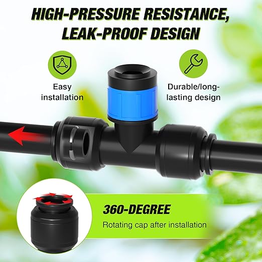Bonviee 1/4 Inch Push-to-Connect Tee with Vortex Emitters, 24 Pack – Wide Coverage Irrigation for Lawn, Garden, Greenhouse