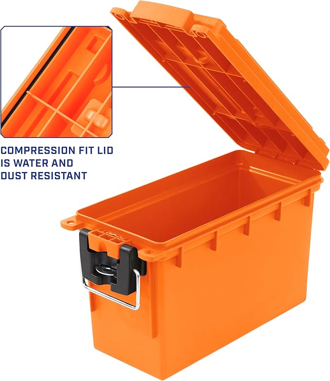 Sheffield 12630 Ammo Storage Box, Stackable .30 Cal Field Boxes, Water and Dust Resistant, Lockable Storage Box with Handle, Secures Hunting Gear, Supplies, and Bullets, Made in USA, Orange, 1-Pack