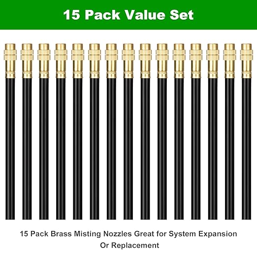 Brass Misting Nozzles for 5/16 Inch Drip Irrigation Tubing, 360° Adjustable Rotating Sprayers for Garden, Greenhouse & Outdoor Cooling, 15 Pack