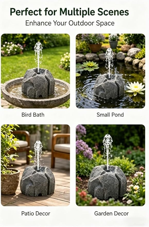 Realistic Granite Rock Solar Bird Bath Fountain - Solar Powered Bird Bath Fountain with Pump and 10 Nozzles, Outdoor Water Feature Resin Stone Look for Garden Pond Patio Yard Decor (Gray)