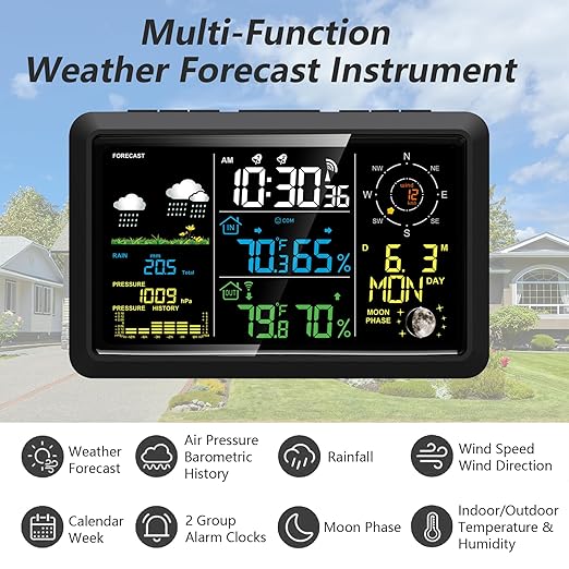 Weather Station Wireless Indoor Outdoor Sensor, Rain Gauge,Wind Speed/Direction, Temperature, Humidity, Air Pressure, Forecast, Moon Phase, Alarm Clock