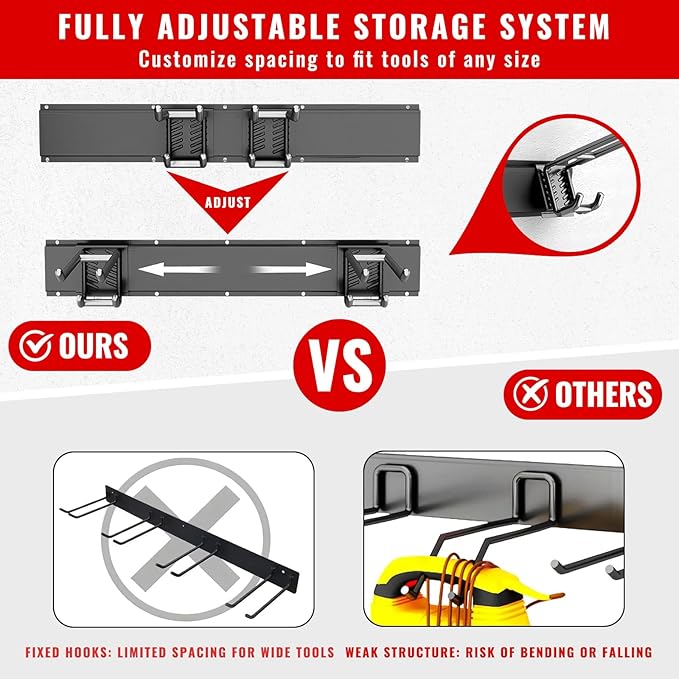 Garage Tool Organizer Wall Mount, Easy to 48inch Install Heavy-Duty Garage Storage System with Adjustable 7 Hooks, Garden Tool Rack for Shovels, Rakes, Yard Tools