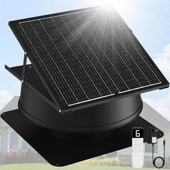 55W Solar Attic Fan with Thermostat, 12" 1200CFM Hybrid Solar Roof Vent Fan, Brushless Waterproof Solar Powered Attic Exhaust Fan Auto On/Off for Roof, Attic, Garage, Shed, Greenhouse