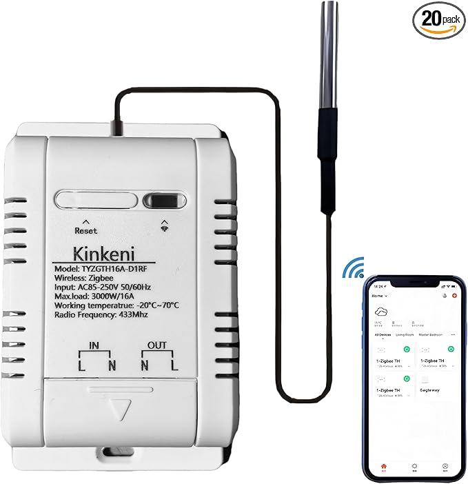 Easy Operation,Zigbee Smart WIFI Temperature Sensor Controller, High Precision Waterproof Probe Sensor, Remote Monitoring, Tuya App Remote 16A Smart Switch (Requires Tuya Zigbee Hub)