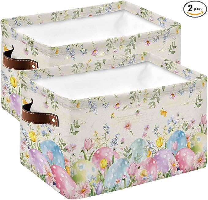 Easter Eggs Storage Bins Cubes Waterproof Cloth Storage Basket, Spring Daisy Eucalyptus Leaves Vintage Foldable Storage Bags for Shelf Closet Clothes Storages Organizers with Handles 15x11x9.5 in 2PCS