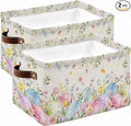 Easter Eggs Storage Bins Cubes Waterproof Cloth Storage Basket, Spring Daisy Eucalyptus Leaves Vintage Foldable Storage Bags for Shelf Closet Clothes Storages Organizers with Handles 15x11x9.5 in 2PCS