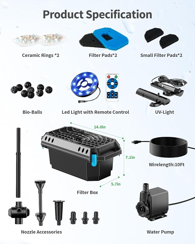POPOSOAP Pond Filter with U-V Clarifier, 660GPH 40W Pond Pump and Filter Kit with RGB LED Lights, All-in-One Pond Fountain for Outdoor Ponds Up to 1300 Gallons P2360