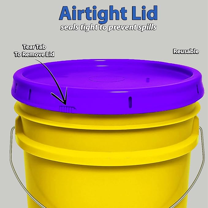 MKS Plastics 5-Gallon Bucket with Airtight Lid – Made in USA, Food Grade BPA Free Plastic, Heavy Duty Multi-Use, Metal Handle with Grip, Stackable Storage – Yellow, 3 Pack