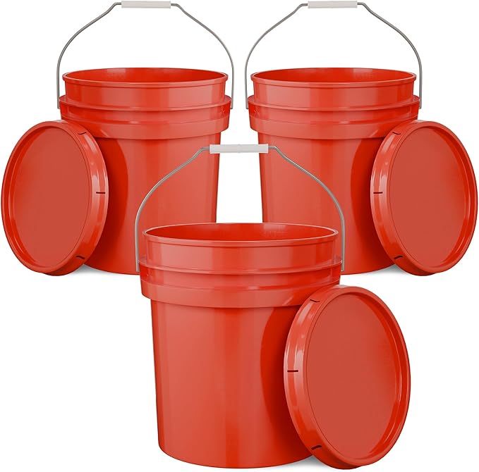 EconoHome 5-Gallon Red Bucket Pail Container with Lid | Metal Handles with Plastic Grip for Easy Carrying | Easy Stack and Store | Heavy-Duty Extra Durable | Food Grade | BPA Free - 3 Pack