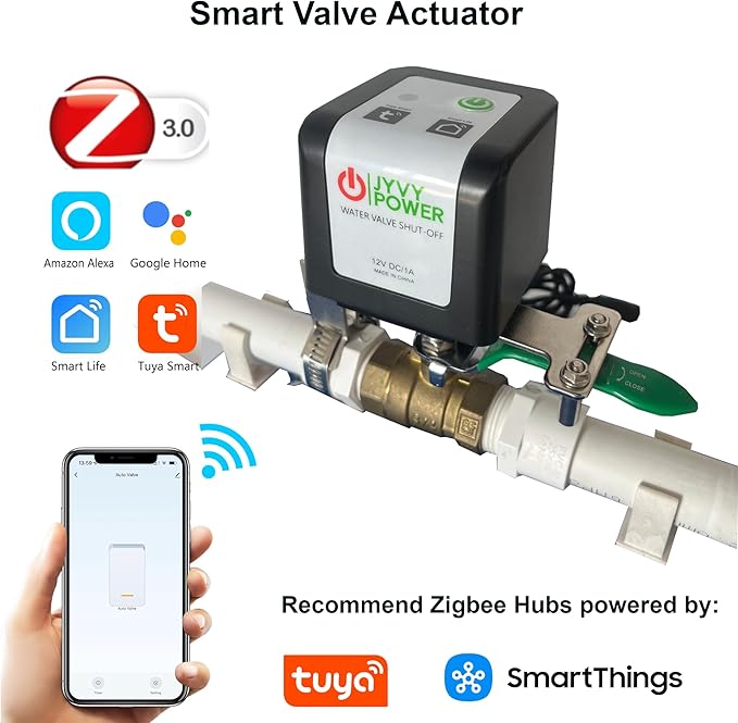 Zigbee(TUYA/SmartThings HUB NEEDED) Ball Valve Smart Water Shutoff Manipulator with Durable Metal Gear Domotique Controller Compatible Alexa Google Works 2.4 GHz (TUYA ZIGBEE)