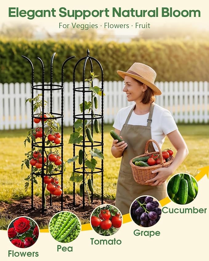 Joyhalo 2 Pack Trellis for Climbing Plants Outdoor, 6.2ft High Adjustable Garden Trellis for Flowers, Black Plastic Coated Steel Plant Stakes Use As Tomato Cage