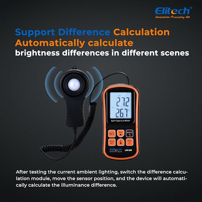 Elitech Digital Light Meter LM-200, Handheld Illuminance Meter with LCD Display, 200,000 Lux Range, Temperature Measurement