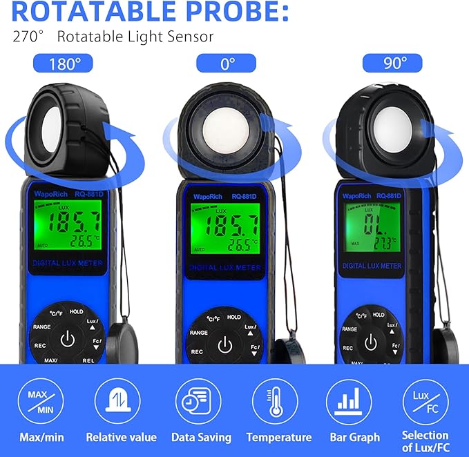 Digital Light Meter WapoRich RQ-881D Illuminance Tester w/Rotatable Sensor 1-400,000 Lux/FC for LED White Light, Plants, Photography, Home & Industrial Use
