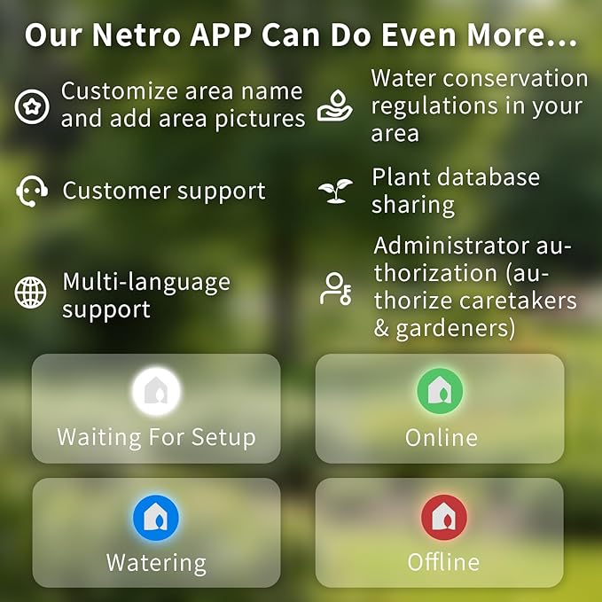 Netro Smart Sprinkler Controller 6 Zones Sprinkler Timer App-Based Irrigation Controller for Garden Lawn 2.4GHz WiFi Weather Service Plant Database APP Community Rain Skips Compatible with Alexa