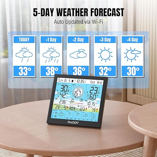 Raddy WF-120P Professional Wi-Fi Weather Station with App Control, 10″ HTN Color Display, Indoor/Outdoor Temp & Humidity, UV & Light Index, PM2.5 AQI, 5-Day Forecast, 7-in-1 Outdoor Sensor for Farm