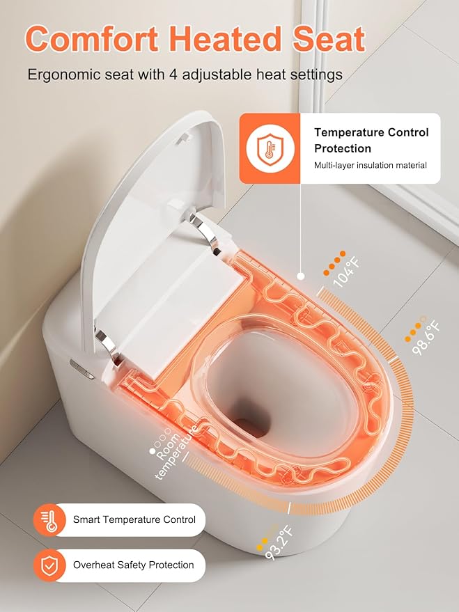 Smart Toilet - ADA Height Heated Seat, Tankless Auto-Flush, Foot Sensor, Night Light, Modern Elongated One-Piece for Bathrooms