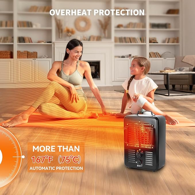 BEYOND HEAT Milkhouse Space Heater, 1300W/1500W Electric Heater with Thermostat, 3 Heat Settings, Safe and Quiet for Home Garage Workshop Warehouse, Black