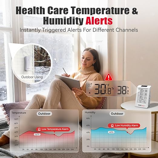 BaldrTherm Wireless Three Channel Thermometer Hygrometer, Large Display Temperature and Humidity Monitor, Smart Auto Backlight, 330ft Range and Real-Time Alerts for Indoor Outdoor, Orange