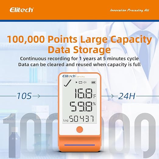 Elitech 10pack Bluetooth Thermometer Data Logger Temperature for Refrigerator with Shadow Data 100000 Points Export PDF/CSV Report, Pharmacy Vaccine DDL Calibration Certificate, MAX MIN AVR MKT GSP-6G