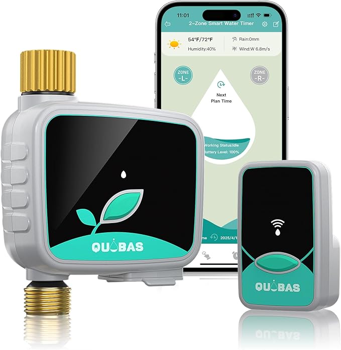 QUOBAS Smart WiFi Water Timer for Garden Hose, 1 Zone Brass Sprinkler Timer with App Control & Rain Delay/Auto/Manual 3 Modes for Drip Irrigation, Pool & Lawn, Battery Powered, 2.4GHz WiFi Only