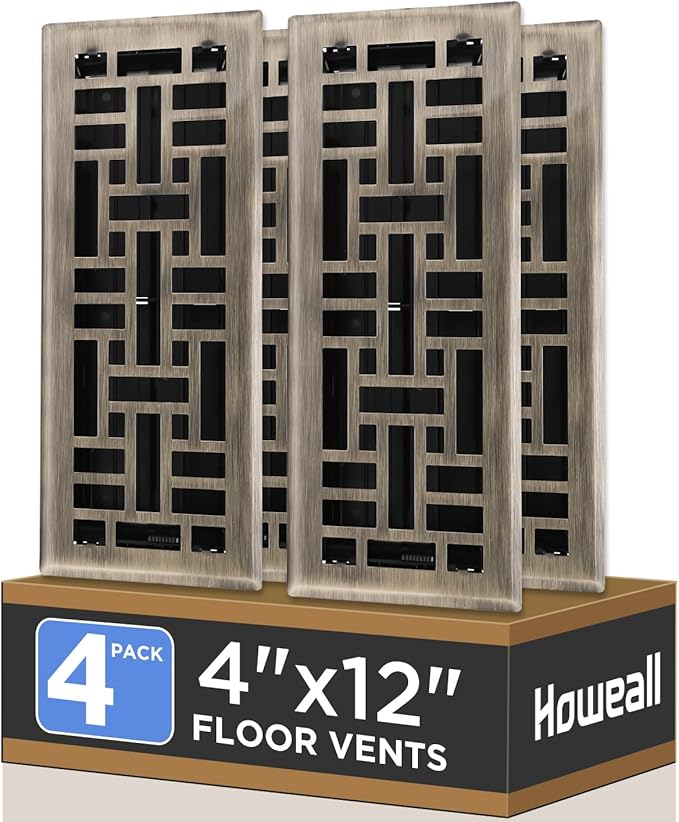 Howeall 4x12 Inches 4 Pack Heavy Duty Walkable Floor Register - Easy Adjust Air Supply Lever Decorative Floor Vent Covers, Seattle Design Vent Covers for Home - Antique Brass