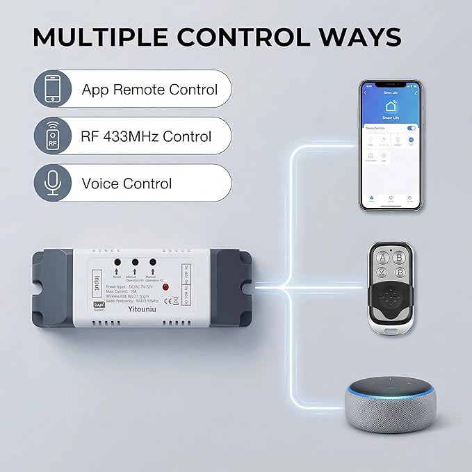 2 Channel Tuya Smart Life WiFi Momentary Inching Self-Locking Interlock Relay Switch Module,DC 7-32V Wireless Remote Control with RF Bluetooth, Compatible with Alexa Goolge Home (2CH)