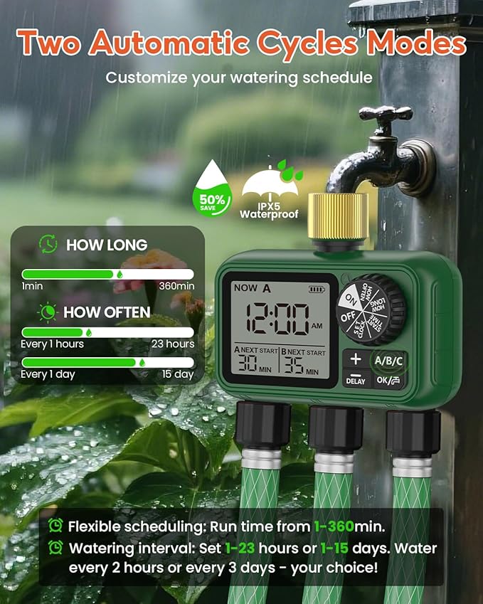 3 Zones Brass Inlet & Outlet Water Timer for Outdoor Garden Hose, Sprinkler Timer for Garden Faucet with Auto/Manual/Rain Delay Mode, Sprinkler Irrigation Controller for Yard Lawn