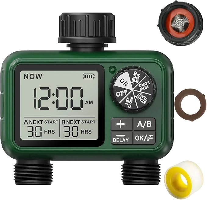 2 Zone Water Timer for Outdoor Garden Hose, Sprinkler Timer for Garden Faucet with Auto/Manual/Rain Delay Mode, Sprinkler Irrigation Controller for Yard Lawn