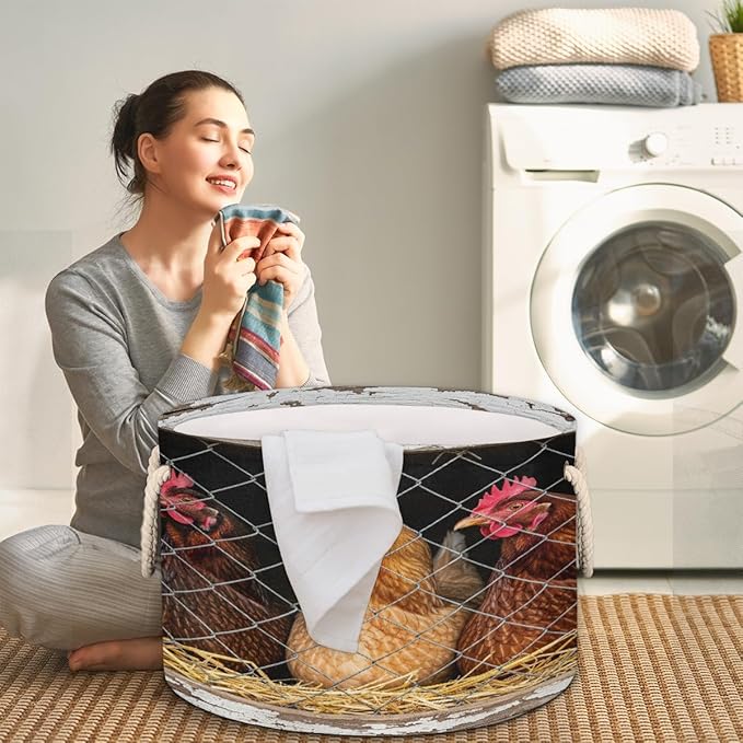 Large Storage Baskets - Rustic Farm Chicken Coop Nursery Round Collapsible Organizer Bin Box, Laundry Hamper for Kids Toys, Blanket, Bedroom Living Room Home Decor, Gift Basket, 19.4"x13.3"