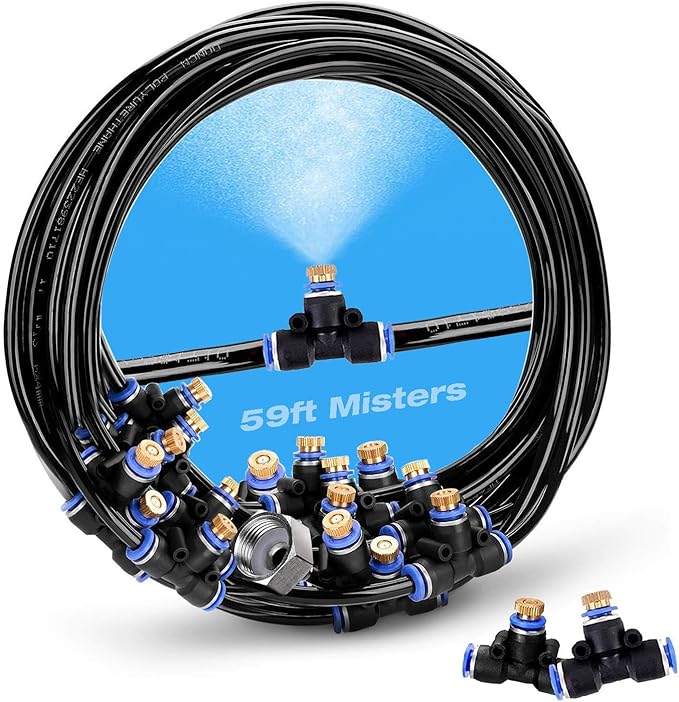 H&G lifestyles Patio Mister, Outddor Misters for Outside Patio,Water Misters for Cooling,59FT Misting System for Green House,20 Brass Mister Nozzles,Fits 3/4" GHT Garden Hose,for Backyard Trampoline