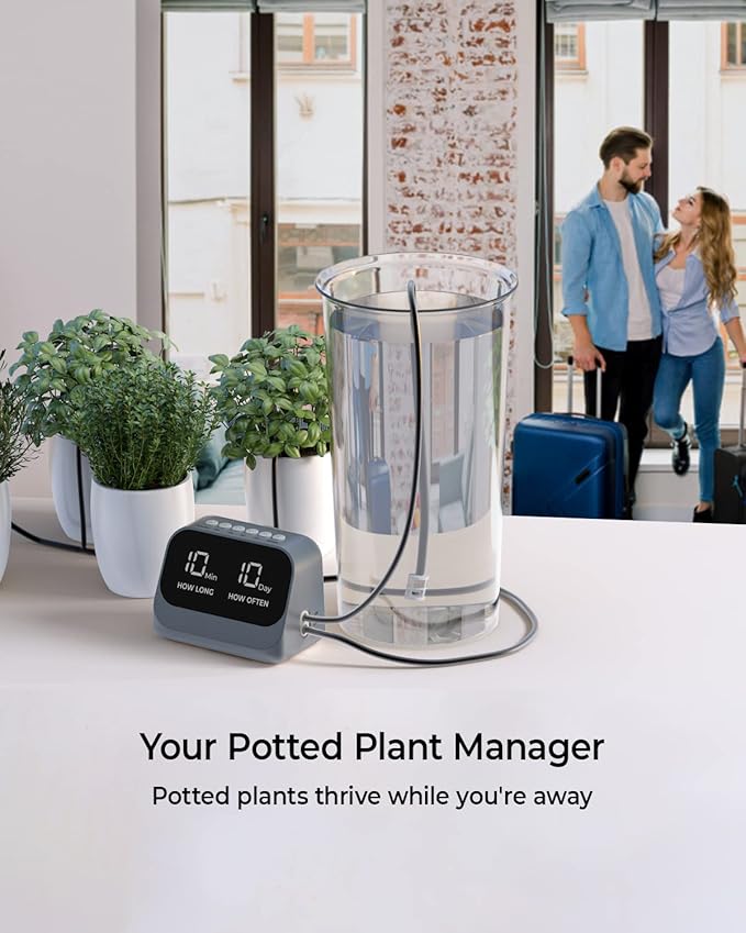 Automatic Watering for Potted Plants, Using a smart programmable Timer, Features a Waterproof LED Display, a high-Capacity Battery, and Precise Water Distribution. (Gray)