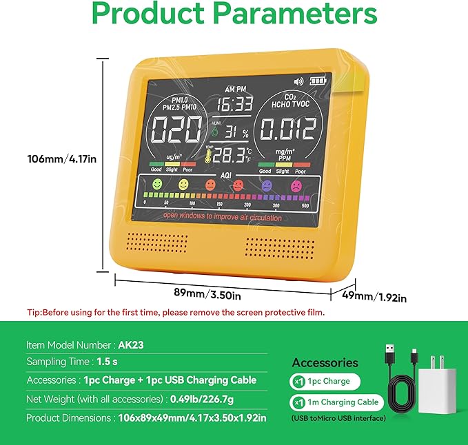 16-in-1 Indoor Air Quality Monitor with PM1.0,PM2.5,PM10,CO2,HCHO,TVOC,Temperature,Humidity,Time Display &7 AQI Alarms – Professional Air Quality Tester for Home, Office & Indoor Use (Bright Yellow)