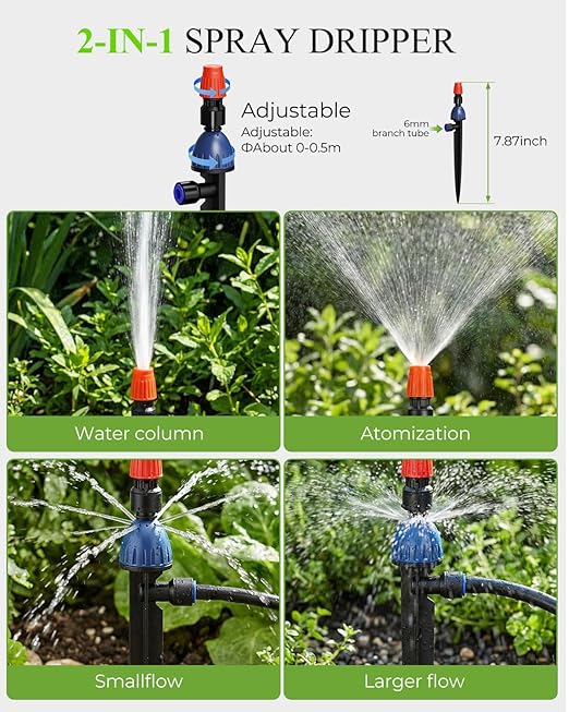MYMULIKE 99FT Drip Irrigation System, 1/2" Main Pipe & 1/4" Branch Pipe, Adjustable Drip Emitters, Automatic Irrigation Kit Garden Watering System for Flower Bed, Raised Beds, Lawn, Greenhouses