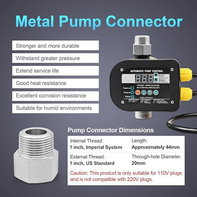 Smart Pump Controller with 2 Metal Pump Connector, BSPP G1 Threaded Interface, 2 Modes Digital Display, Adjustable Pressure, High Power, for Home, Garden, Industrial Use