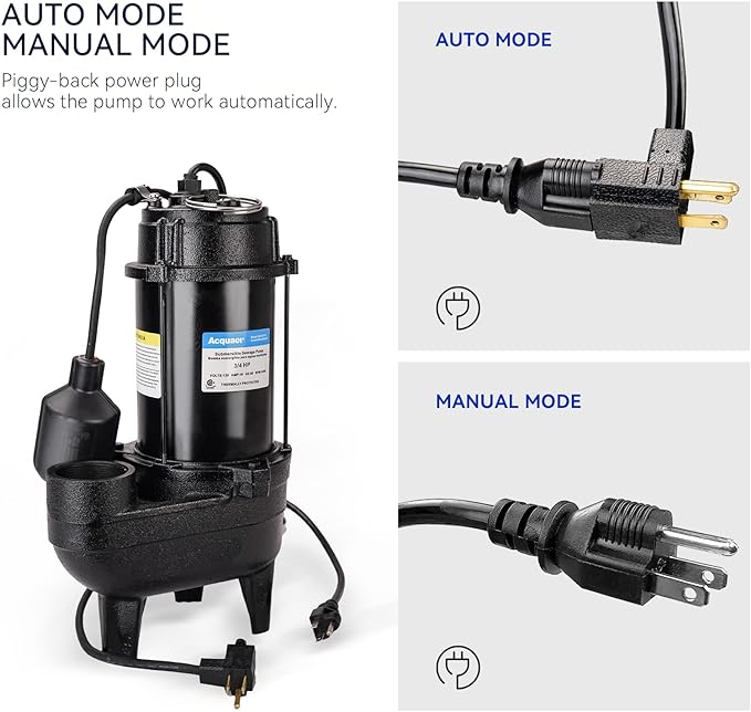 Acquaer Sewage Pump Submersible Water Pump with Automatic Float Switch, for Sump Basin, Residential Sewage, Black, 2'' NPT 3/4 HP 6400 GPH