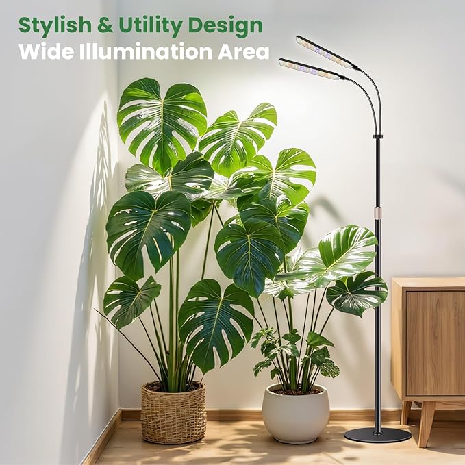 Kullsinss Black Floor Grow Lights for Indoor Plants, 2-Heads Full Spectrum LED Plant Grow Light with 4/8/12/16H Timer, 3 Color Modes, 24-68.7in Hight Adjustable Grow Lamp for Tall Large Indoor Plants